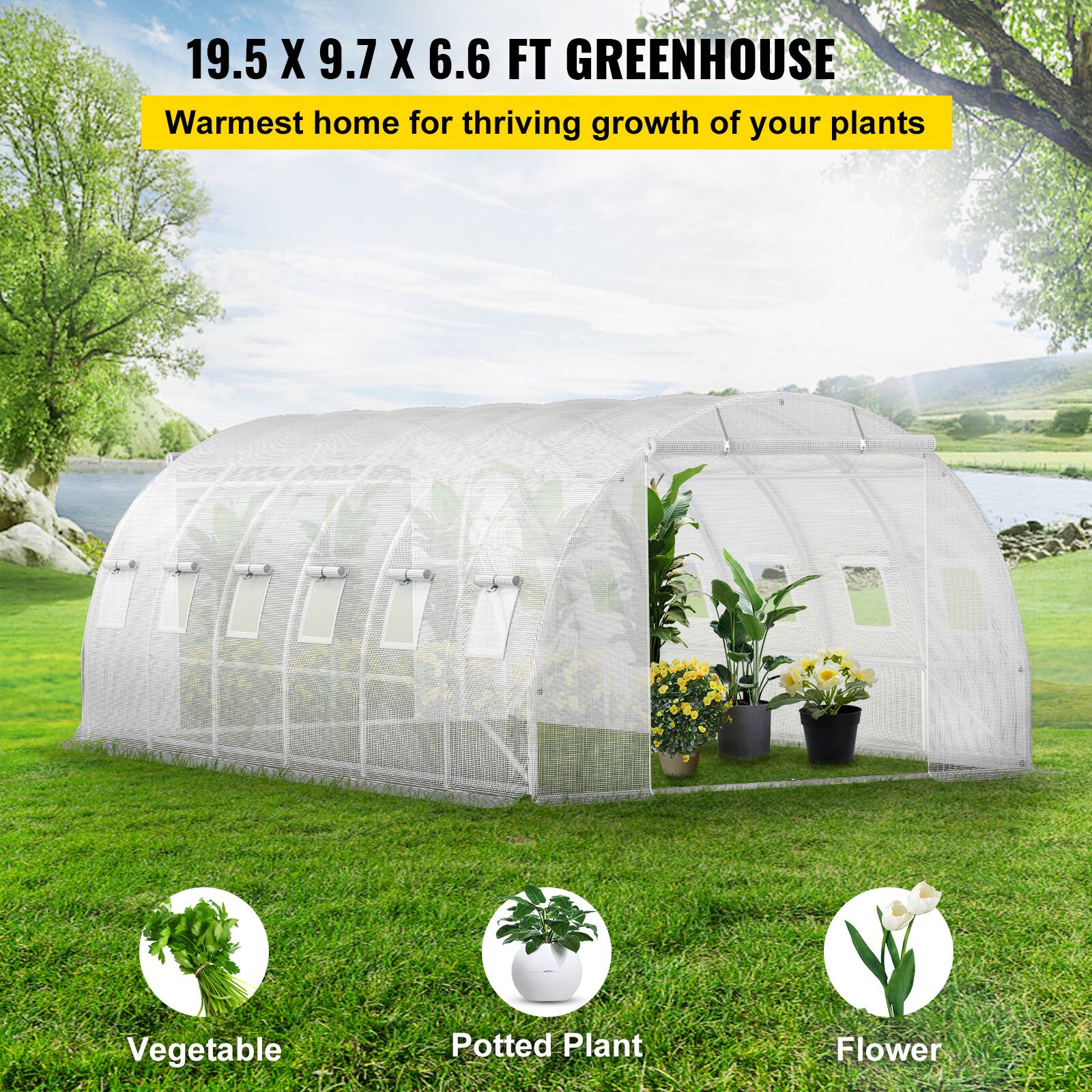 19.5 X 9.7 X 6.6 FT GREENHOUSE, Warmest home for thriving growth of your plants, Vegetable, Potted Plant, Flower