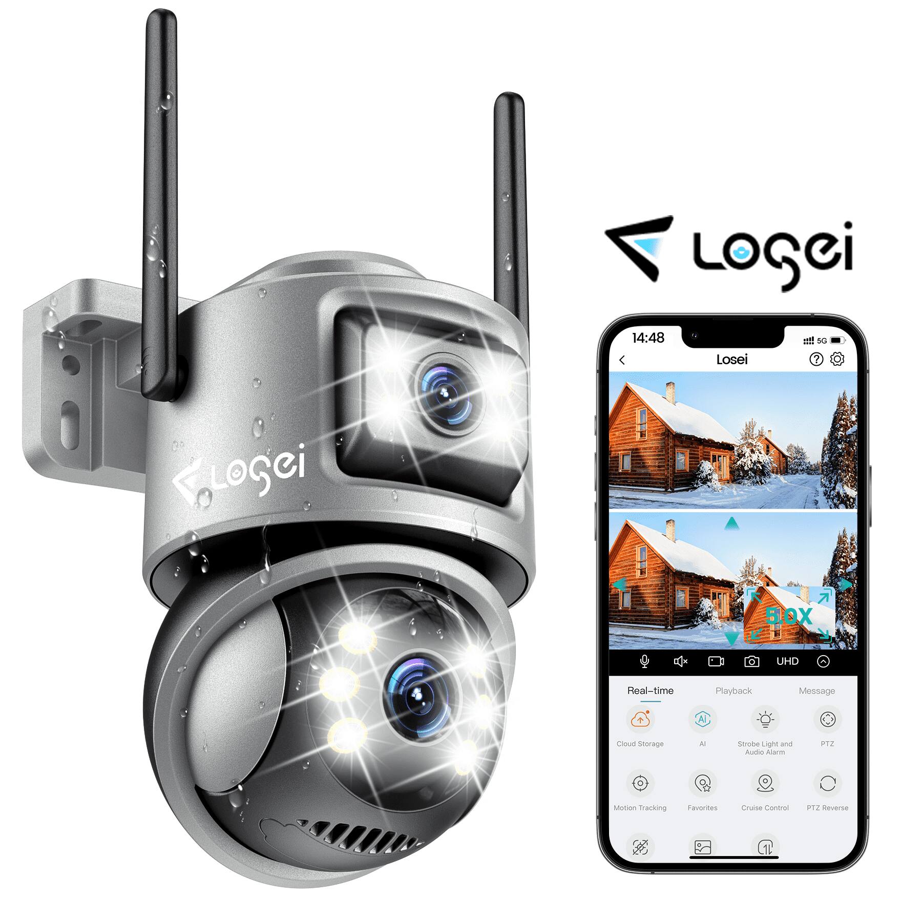 LOGi 14:48  sG < Losei 7 LOGCi  5.0X  UHD Real-time Playback Message Cloud Storage N stroha Light and Audio Alarm PTZ Motion Tracking Favorites Cruise Control 5 Severe