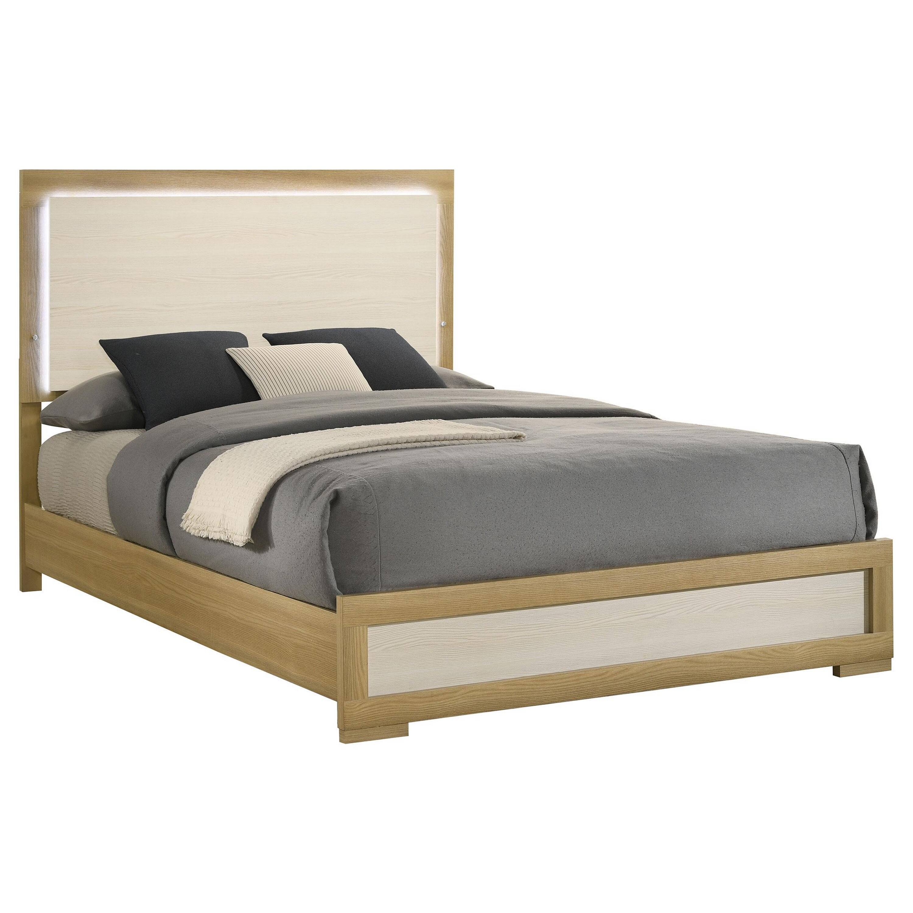 Alt View 1. Manhattan Lane - Hyle Queen Size Bed, Natural Brown Hardwood, LED Backlit Headboard - Natural Brown, White.