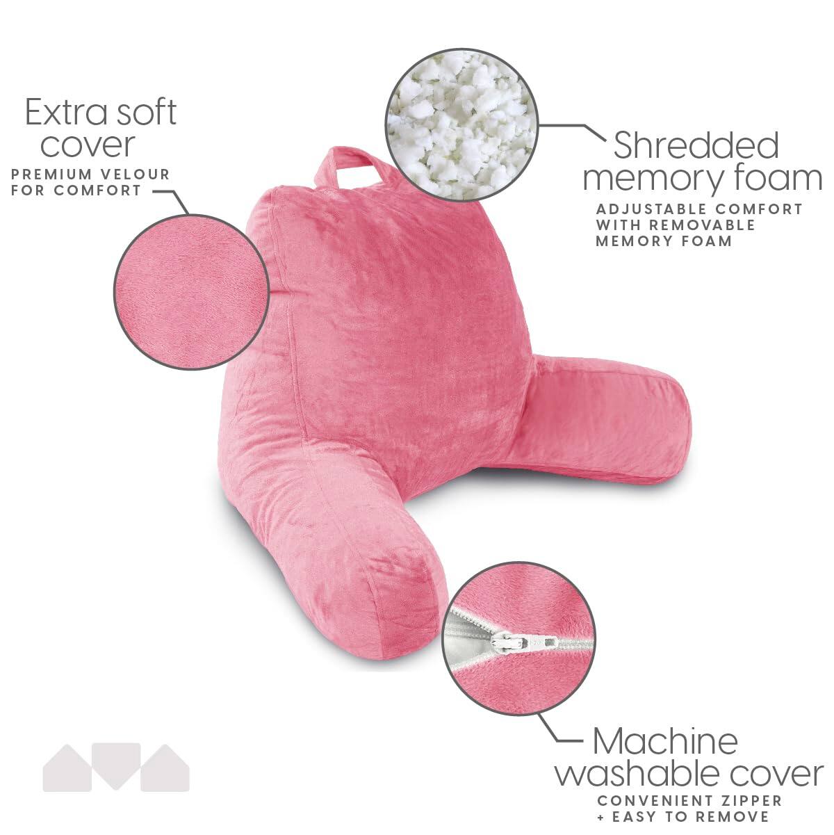 Extra soft cover  
PREMIUM VELOUR FOR COMFORT  

Shredded memory foam  
ADJUSTABLE COMFORT WITH REMOVABLE MEMORY FOAM  

Machine washable cover  
CONVENIENT ZIPPER + EASY TO REMOVE