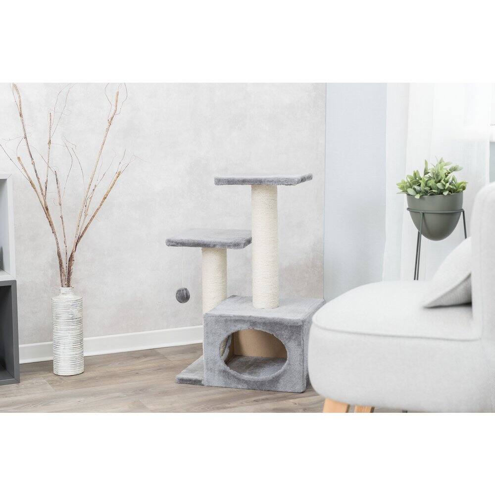 Angle. TRIXIE - Valencia Plush & Sisal 3-Level 28" Cat Tree with Scratching Posts & Condo - Gray.