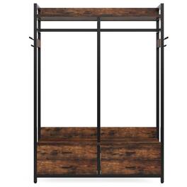 TinyHomie - 472 Rustic Freestanding Closet Organizer Garment Rack 4 Drawers 8 Hooks Shelves Hanging Rod - Brown