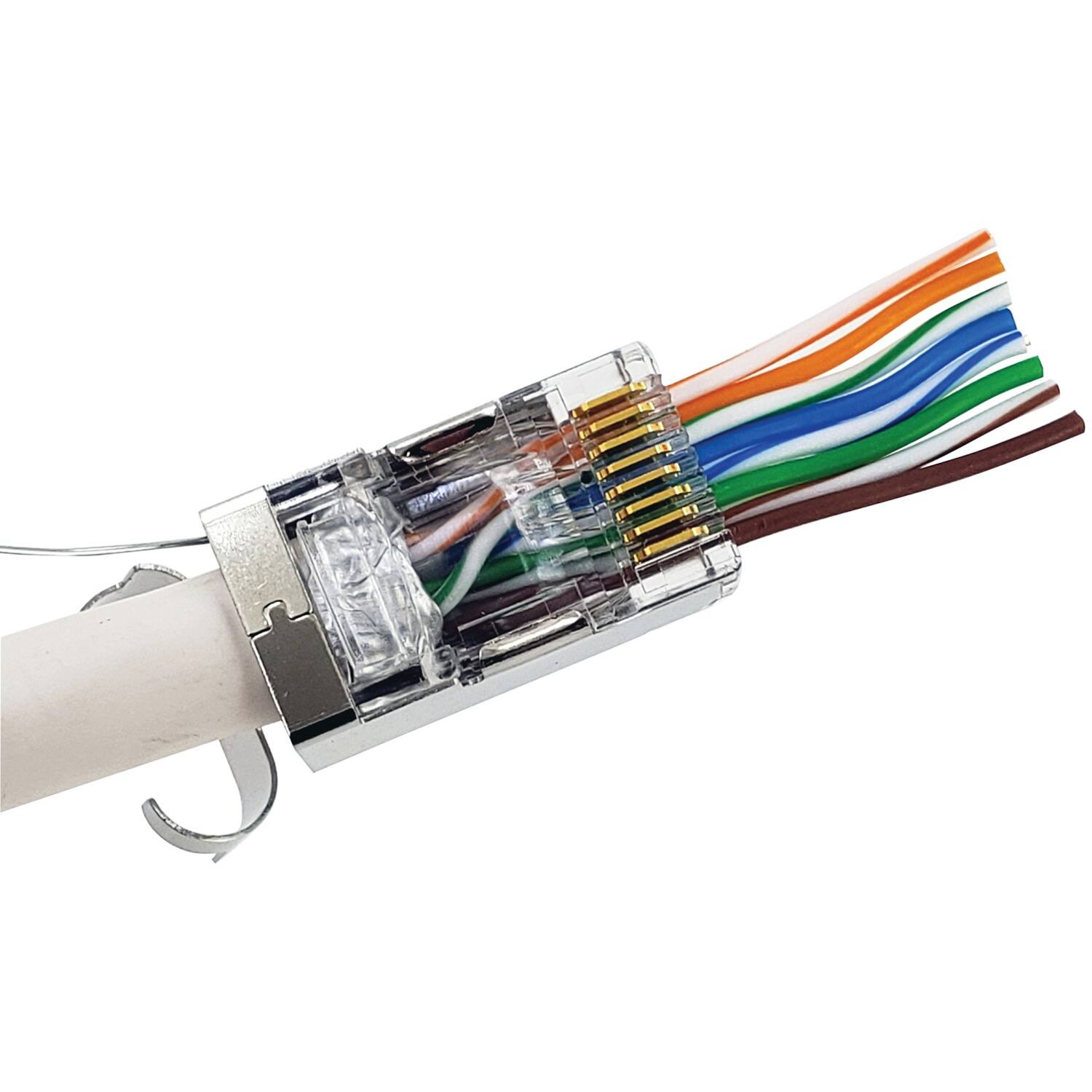 Left. IDEAL - Shielded Feed-Thru CAT-6A/6/5-E Modular Plugs for Larger Diameter Conductors 25 Pack - Metallic.