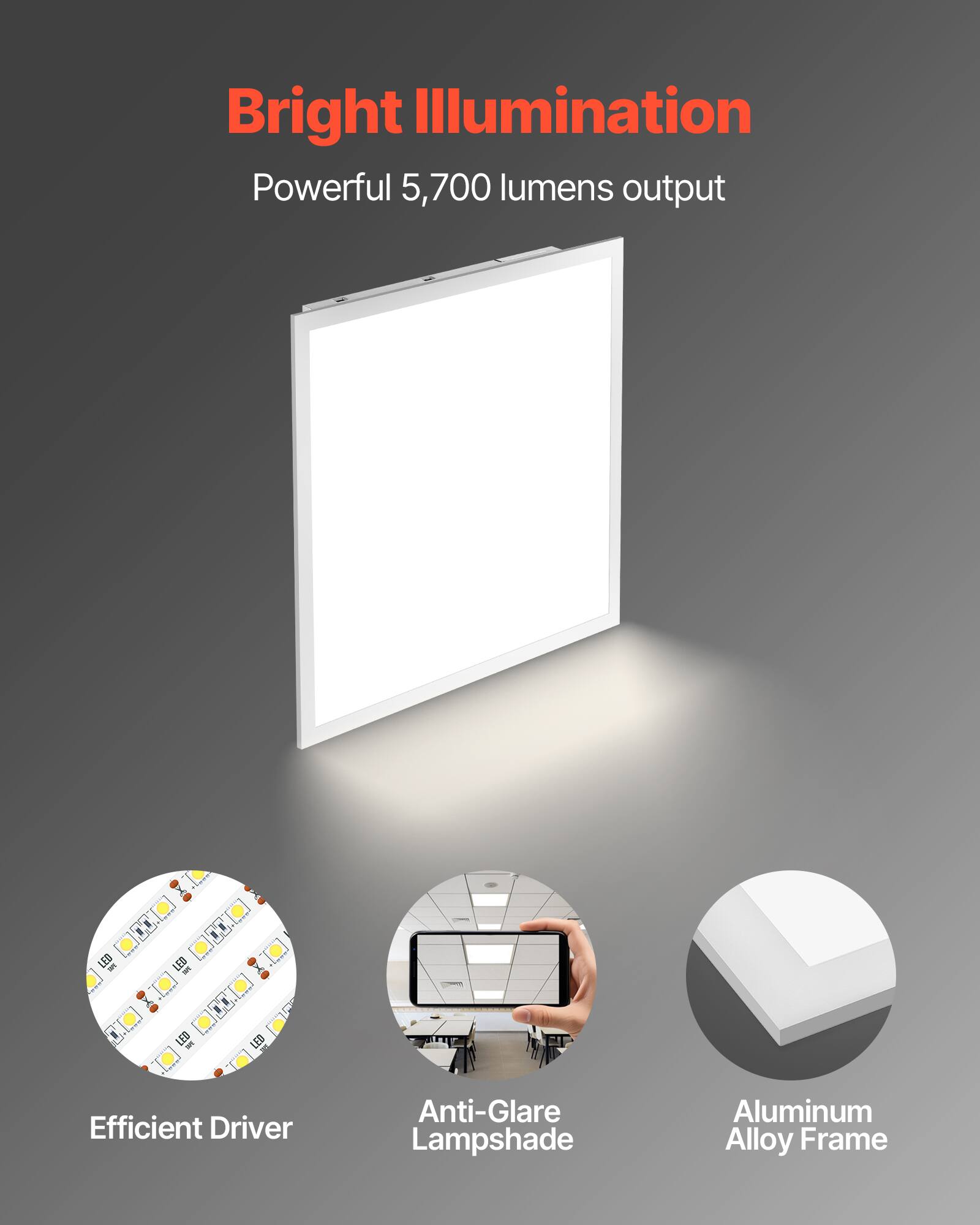 Bright Illumination  
Powerful 5,700 lumens output  

Efficient Driver  
Anti-Glare Lampshade  
Aluminum Alloy Frame