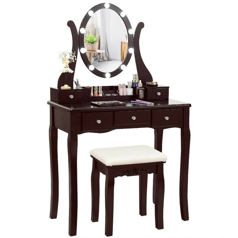 Front. WELLFOR - Makeup Vanity Table Set with 360° Rotatable Oval Mirror, 5 Drawers, Dressing Table with Padded Stool for Bedroom - Coffee.