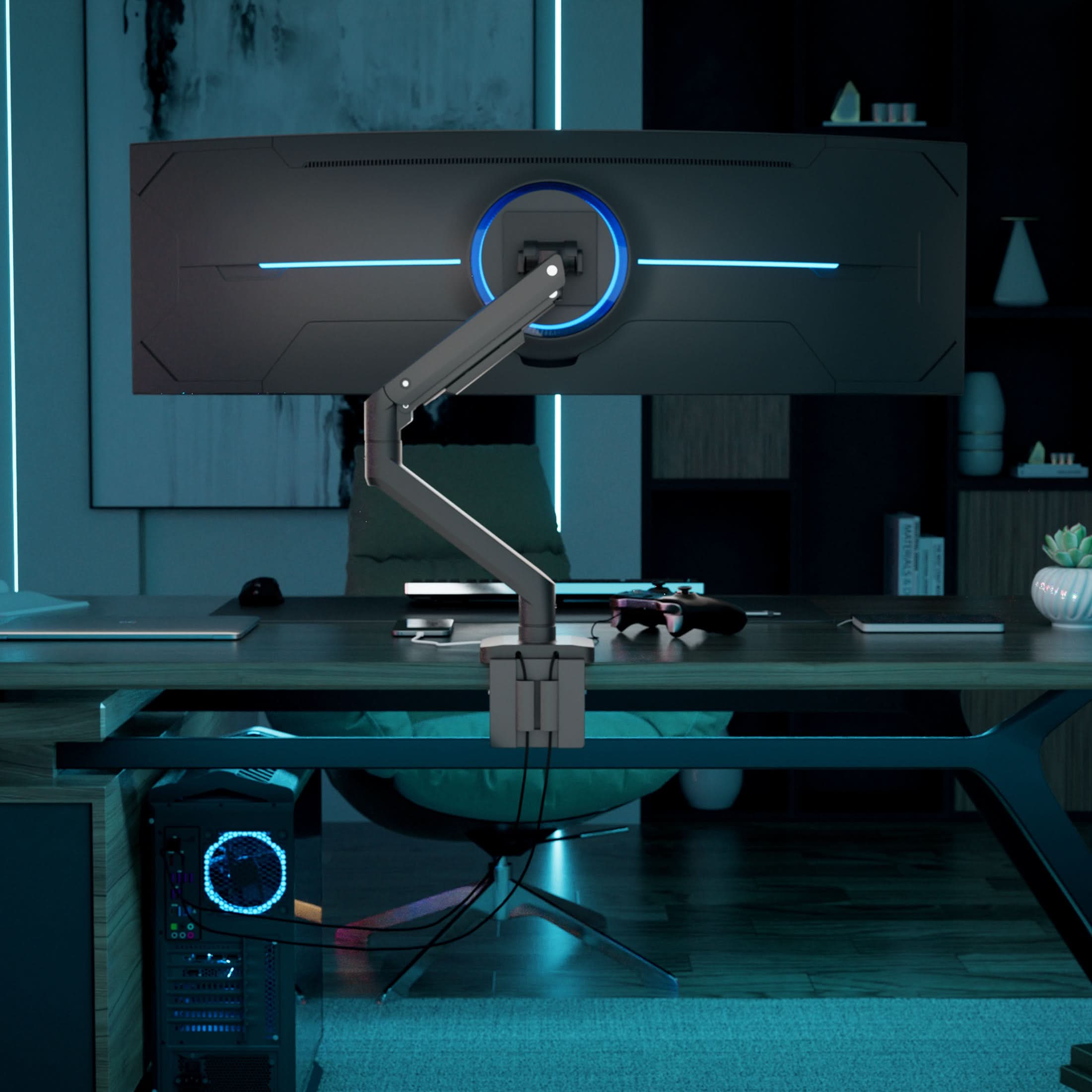 Angle. Mount-It! - Heavy‑Duty Full Motion Monitor Desk Mount with Gas Spring for Monitors up to 49”, Black - Black.