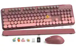 PRIMEPLUS - Wireless Keyboard & Mouse, Round Keycaps, Magnetic Wrist Rest, Retro Typewriter, 2.4G, Auto Sleep, Purple, Mac/Windows - Dusty Rose Ombre