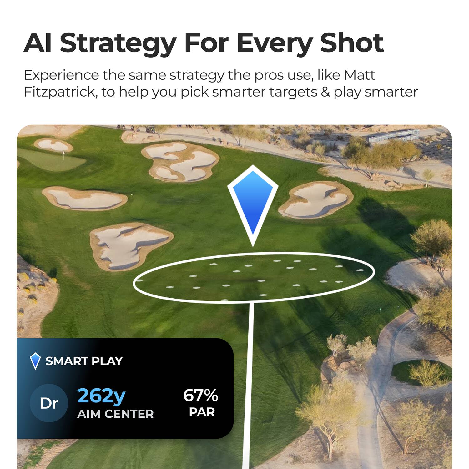 AI Strategy For Every Shot  
Experience the same strategy the pros use, like Matt Fitzpatrick, to help you pick smarter targets & play smarter  

SMART PLAY  
Dr 262y  
AIM CENTER  
67% PAR