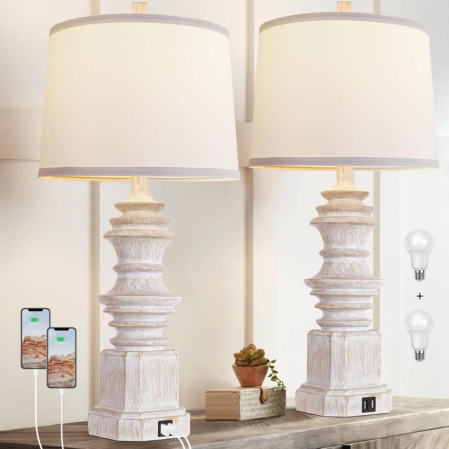 APRILSOUL - Set of 2 Bedside Lamp with Dual USB Charging Ports Table Lamps with White Fabric Lampshade with 3 Color Modes Bulbs