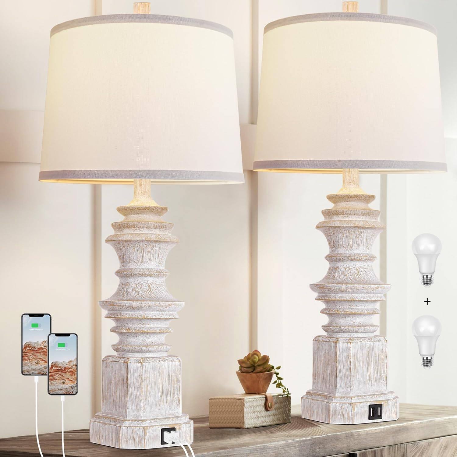 Front. Akoasm - Bedside Lamp Desk Lamps Set of 2 with Dual USB Charging Ports and 3 Color Modes Bulbs for Living Room Bedroom.