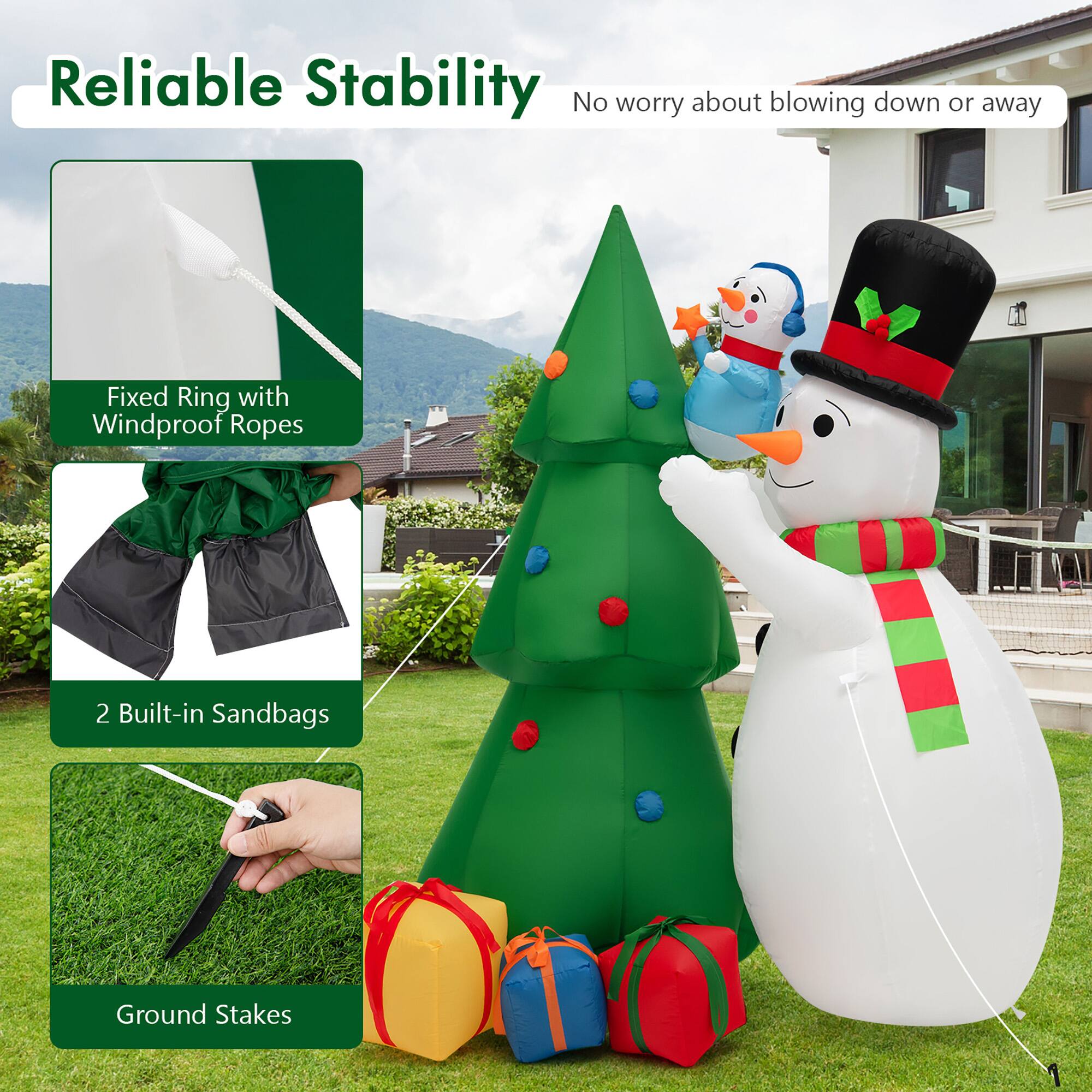 Reliable Stability  
No worry about blowing down or away  

- Fixed Ring with Windproof Ropes  
- 2 Built-in Sandbags  
- Ground Stakes