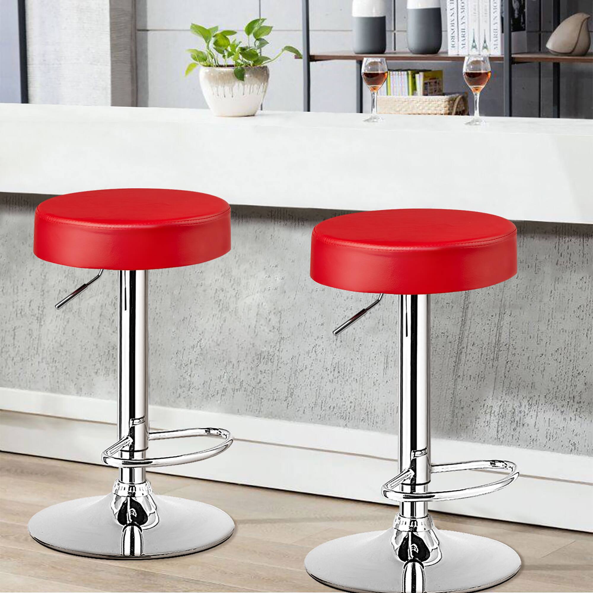 Alt View 1. Costway - Costway Set of 2 Round Bar Stool PU Adjustable Swivel Pub Chair W/ Footrest - Red.