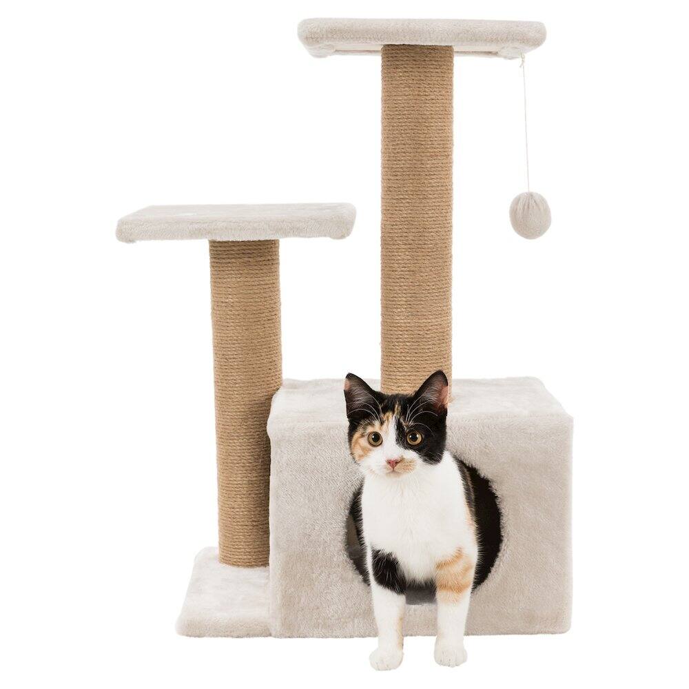 Left. TRIXIE - Valencia Plush & Sisal 3-Level 28" Cat Tree with Scratching Posts & Condo - Light Gray-Greige.