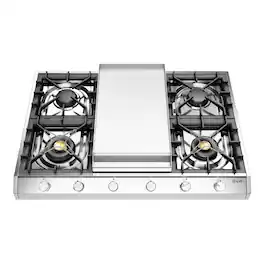 ILVE - Professional Plus II Series 36 in. Gas Cooktop with 6 Sealed Burners + Griddle (Natural Gas, Satin Trim) - Stainless Steel