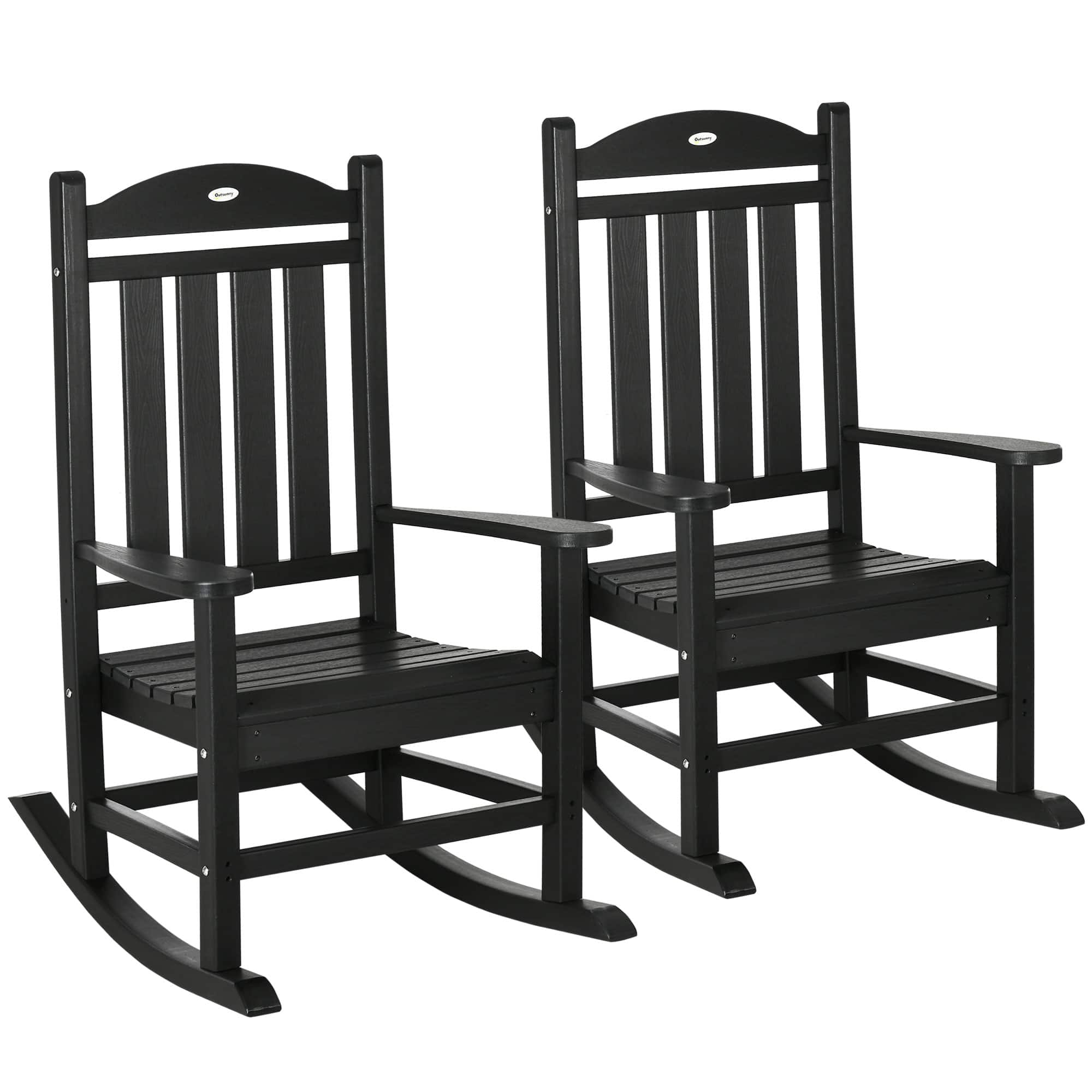 Outsunny - 2 Pieces Outdoor Rocking Chair, All Weather-Resistant HDPE Rocking Patio Chairs with Rustic High Back, Armrests - Black