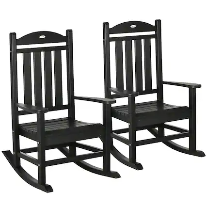 Front. Outsunny - 2 Pieces Outdoor Rocking Chair, All Weather-Resistant HDPE Rocking Patio Chairs with Rustic High Back, Armrests - Black.