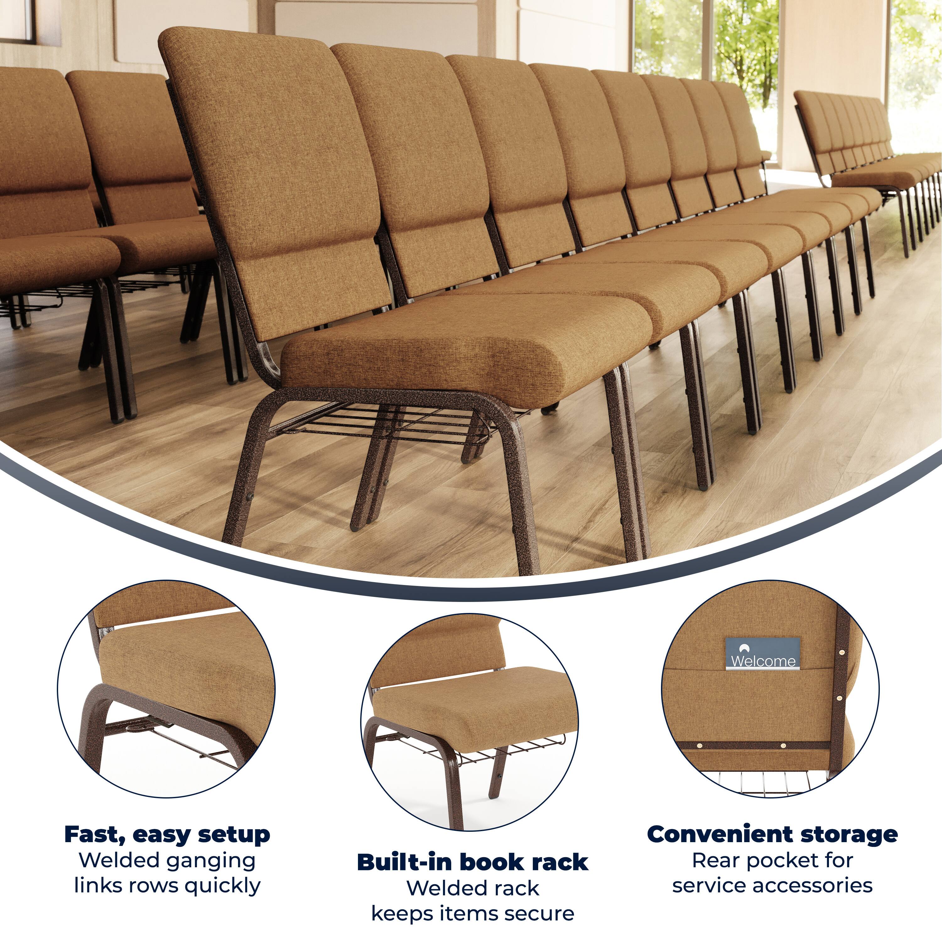 Fast, easy setup  
Welded ganging links rows quickly  

Built-in book rack  
Welded rack keeps items secure  

Convenient storage  
Rear pocket for service accessories