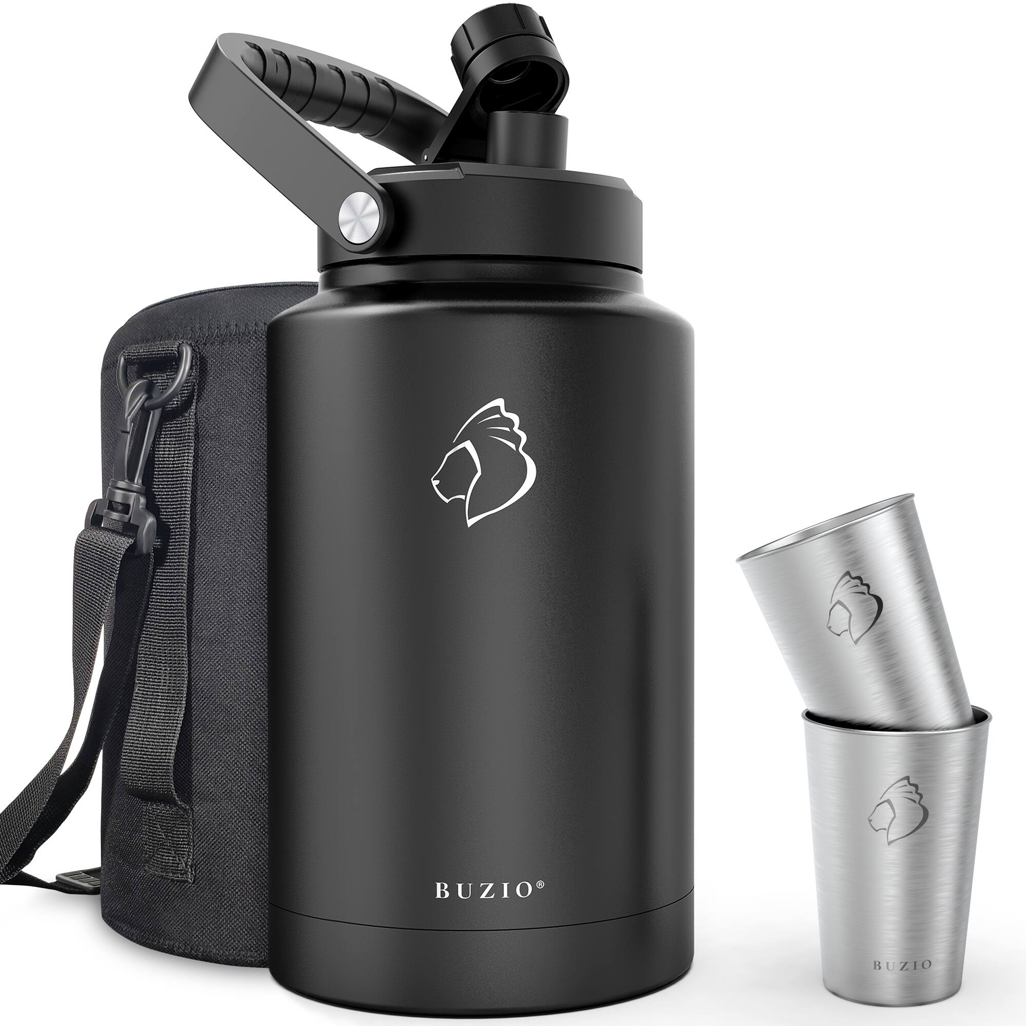 Angle. Buzio - Rock Series Insulated 128oz Water Bottle Growler with 2 Stainless Cups - Black.