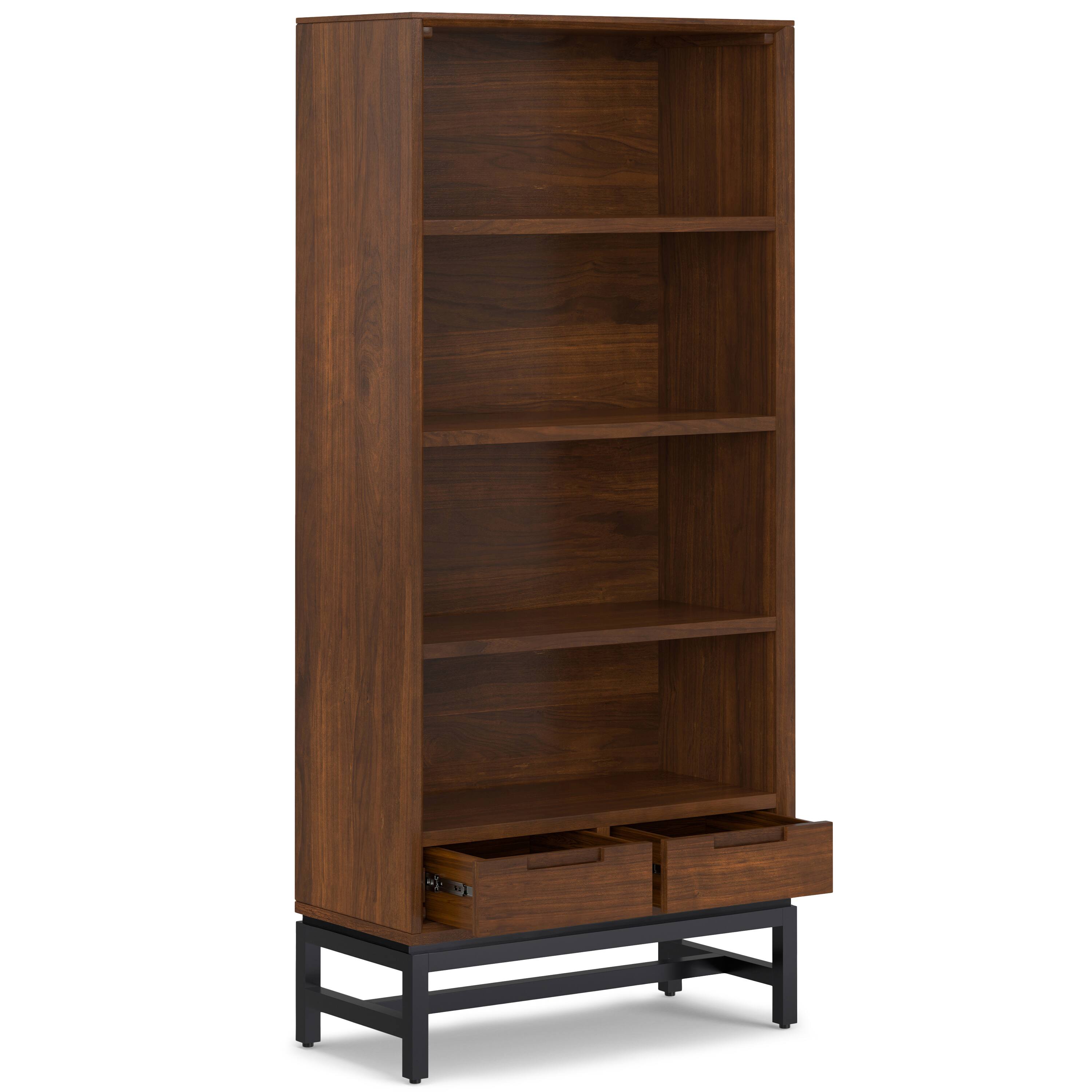 Back. Simpli Home - Banting 66 inch Tall Solid Wood Mid Century Bookcase in Walnut Veneer - Walnut Veneer.