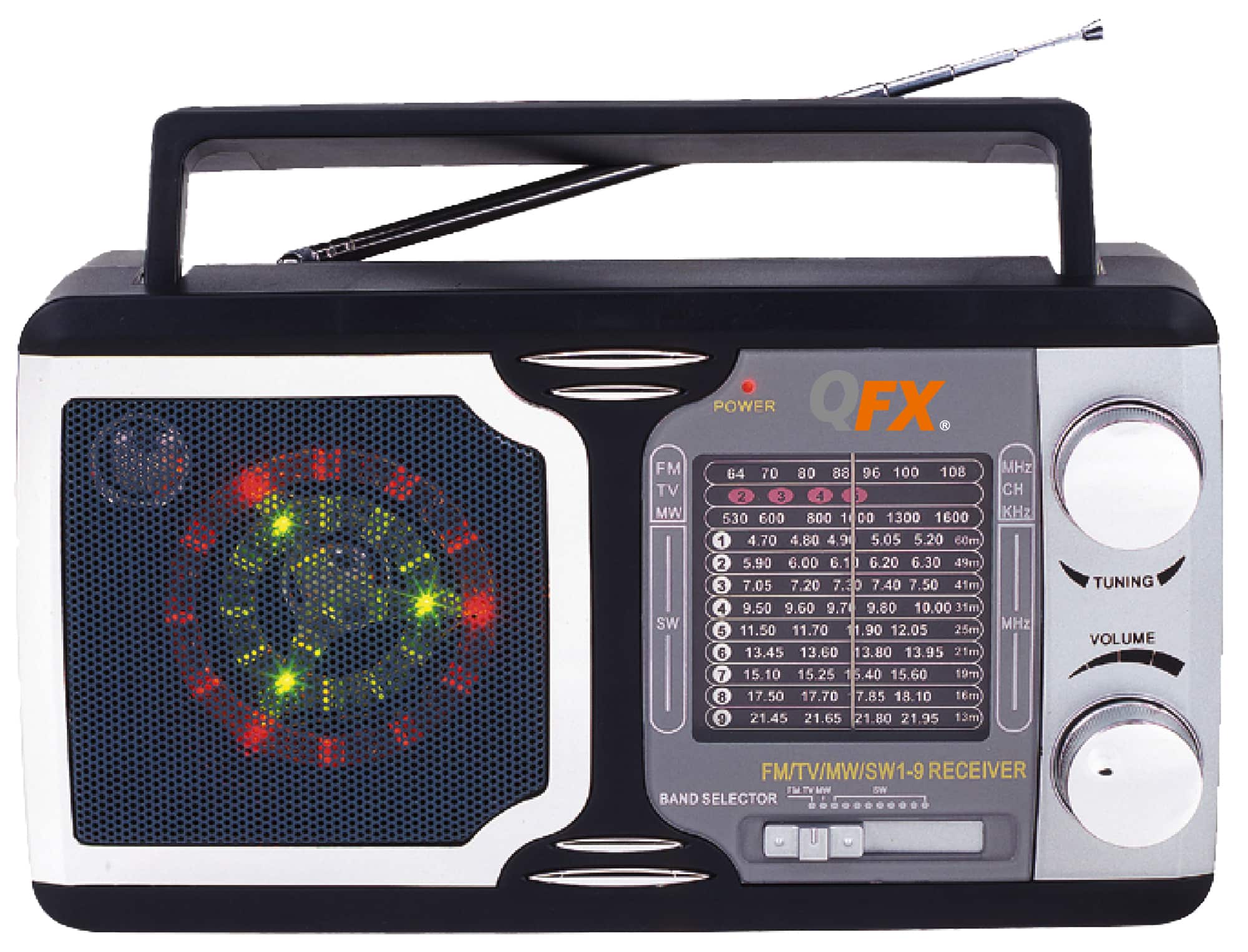 Front. QFX - Portable 12-Band Radio with LED Party Lights and  AM/FM/SW/TV Radio - Black.