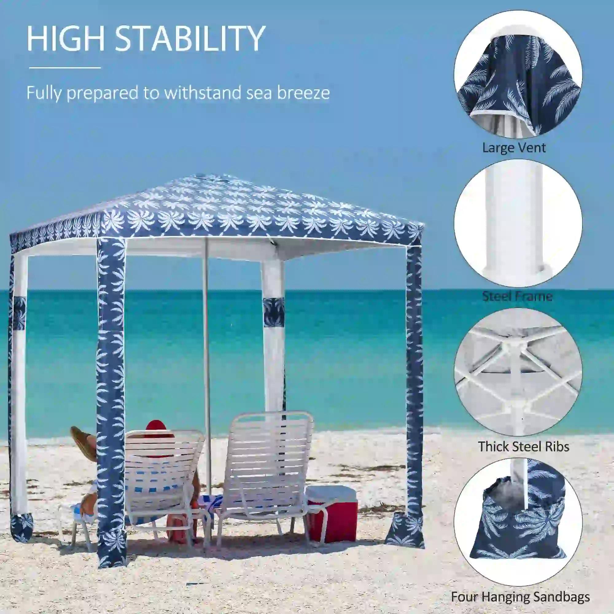 HIGH STABILITY  
Fully prepared to withstand sea breeze

- Large Vent
- Steel Frame
- Thick Steel Ribs
- Four Hanging Sandbags