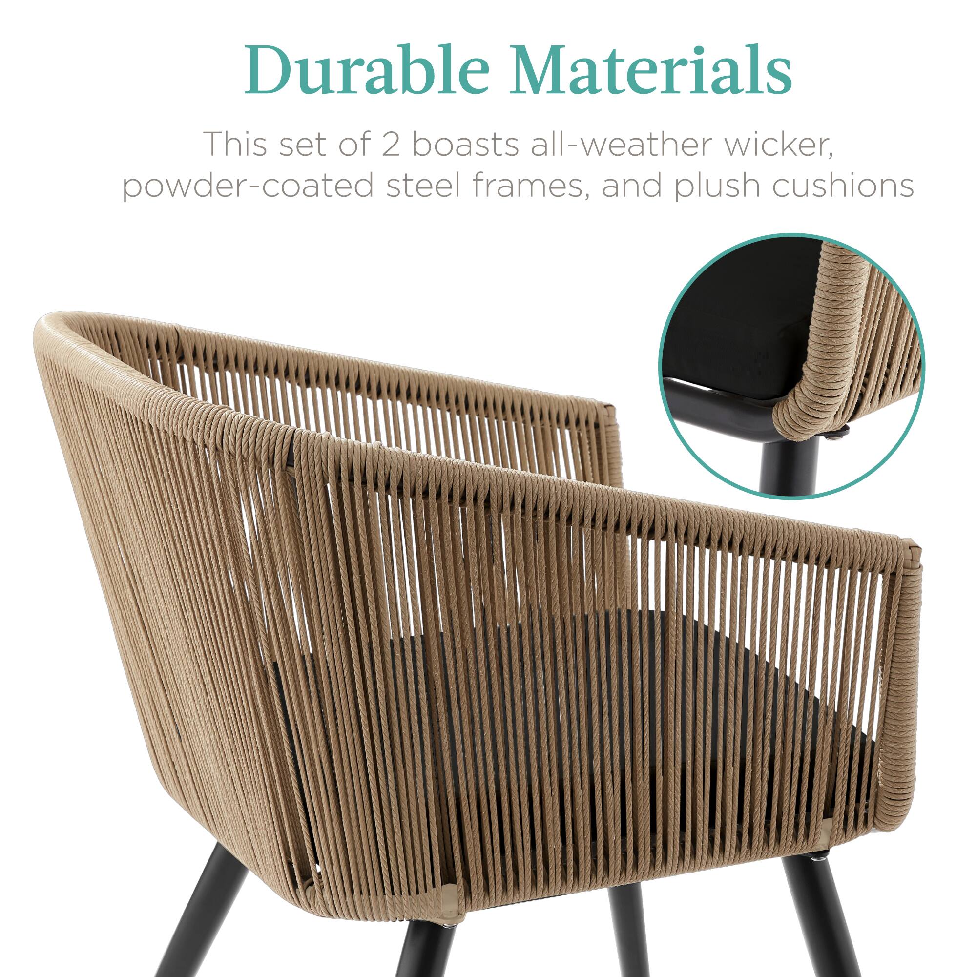 Durable Materials

This set of 2 boasts all-weather wicker, powder-coated steel frames, and plush cushions