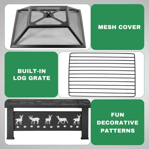 MESH COVER  
BUILT-IN LOG GRATE  
FUN DECORATIVE PATTERNS