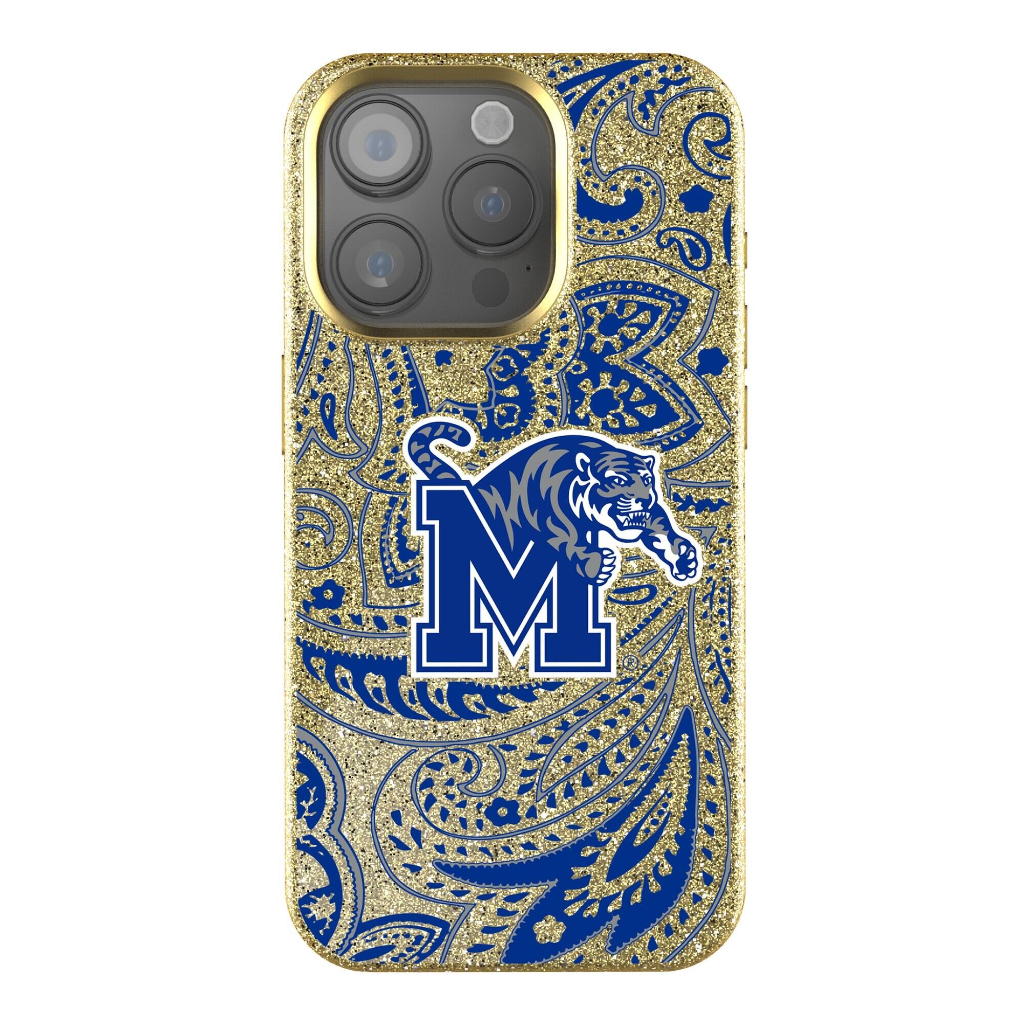 Front. Keyscaper - Memphis Tigers Paisley Bling iPhone Case - 16 - Gold.