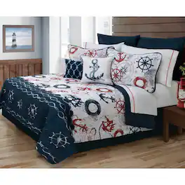 Hivvago - Twin Size Modern Coastal Anchor Polyester Reversible Quilt Set - Red, Blue, White