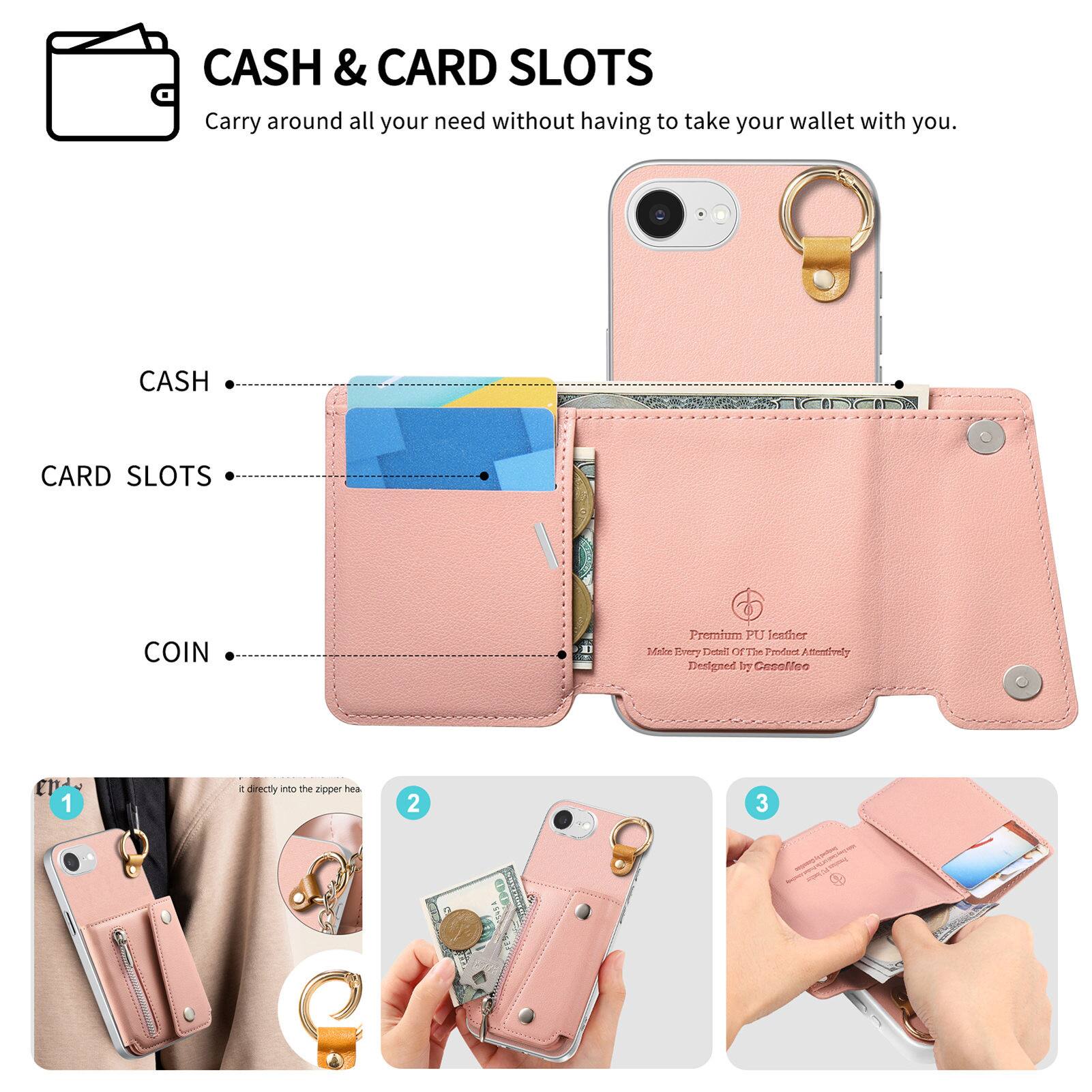 CASH & CARD SLOTS  
Carry around all your need without having to take your wallet with you.

CASH  
CARD SLOTS  
COIN

Premium PU leather  
Make Every Detail Of The Product Attentively  
Designed by Casoffeo

1.  
2.  
3.