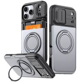 Dteck - Rugged Case for Apple iPhone 17 Pro Max Shockproof Drop Protection Hidden Card Slot Ring Kickstand Sliding Camera Cover - Gray