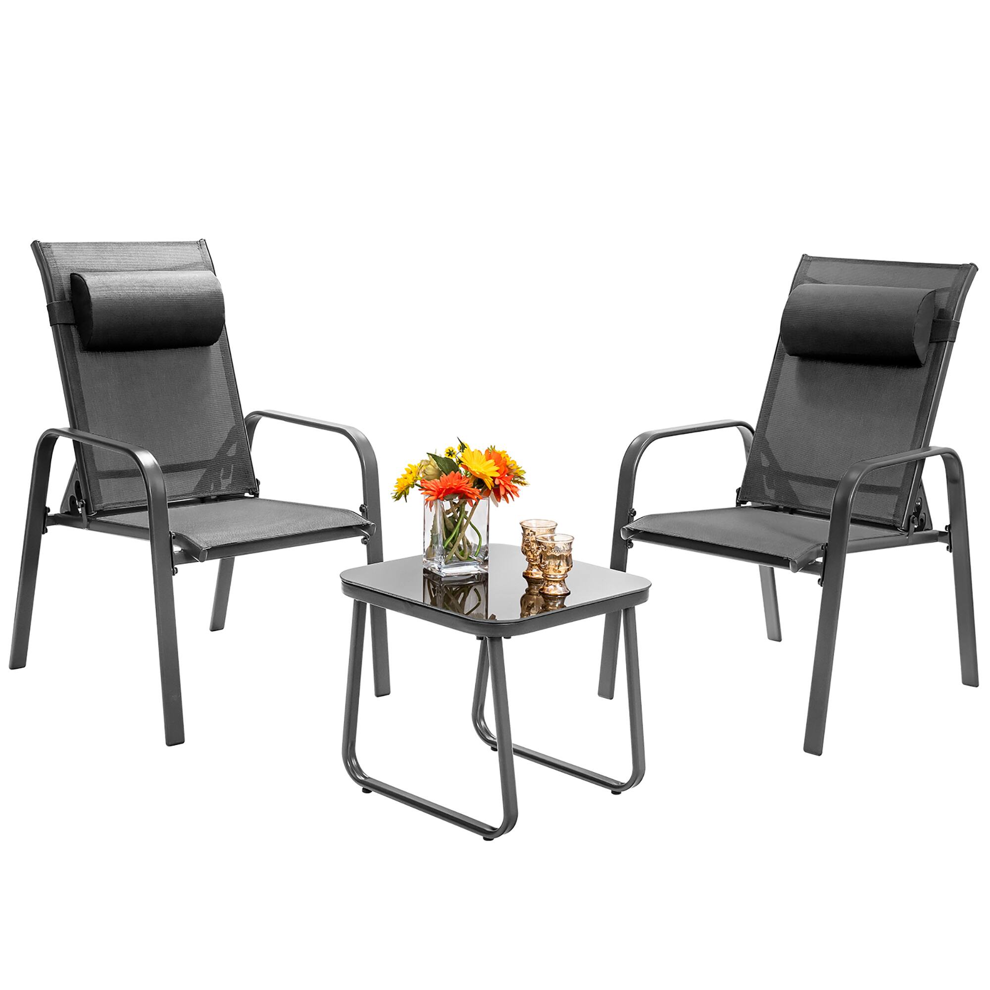 Costway - 3PCS Patio Bistro Furniture Set Adjustable Back Stackable Chairs - Gray