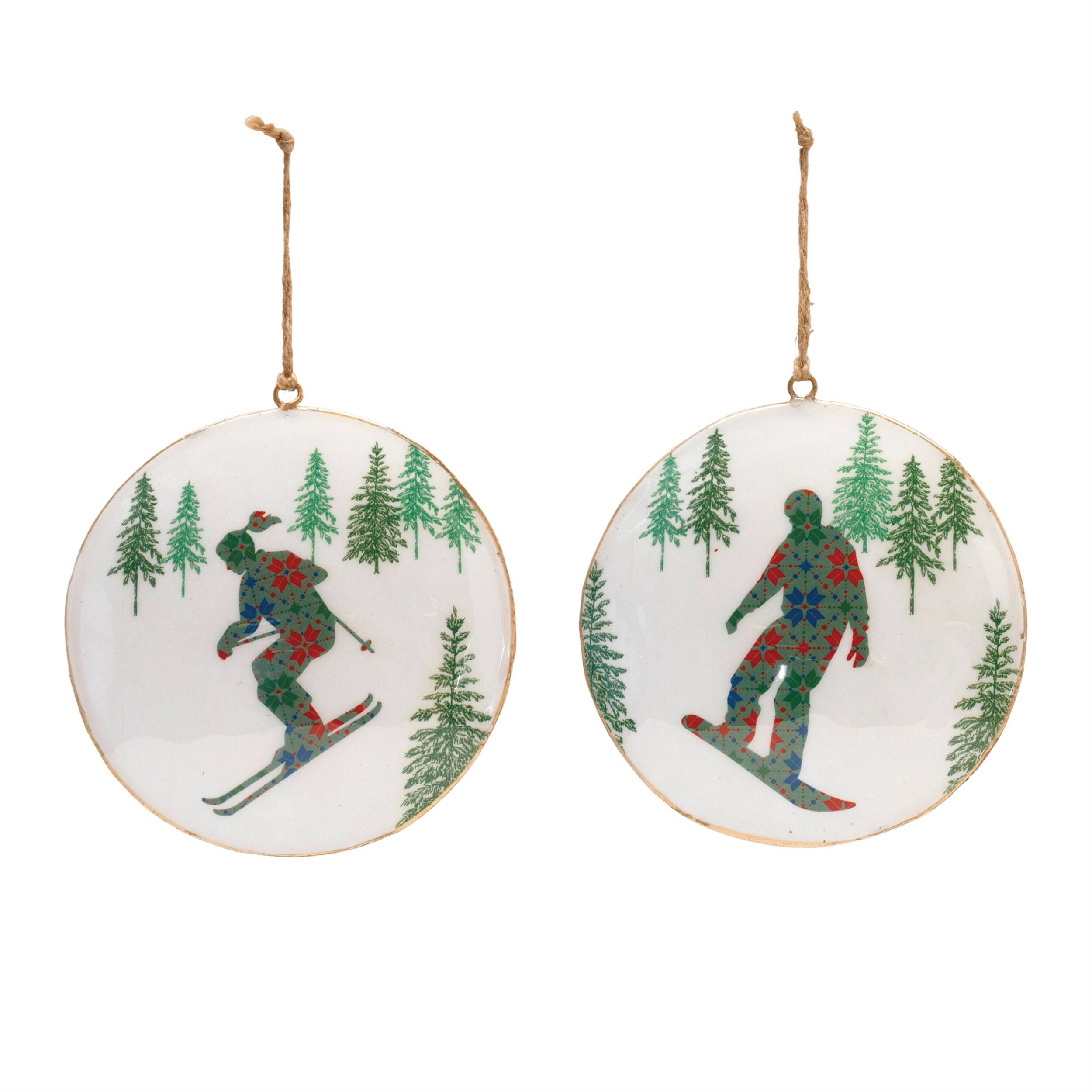 Angle. BreeBe - Metal Snowboard Forest Disc Ornament (Set of 6) - Blue, Green, White.