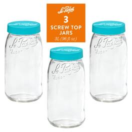 Le Parfait - Screw Top Jar - 3L Wide Mouth French Glass Canning Jar w/ ColorPlastic Lid, 96oz/3 Quarts (Pack of 3) - Teal