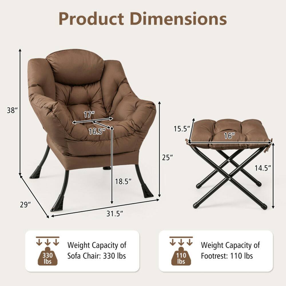 Product Dimensions:  
- Height: 38"  
- Width: 31.5"  
- Depth: 29"  
- Seat Height: 17"  
- Seat Depth: 16.5"  
- Arm Height: 18.5"  
- Footrest Height: 15.5"  
- Footrest Width: 16"  
- Footrest Depth: 14.5"  

Weight Capacity:  
- Sofa Chair: 330 lbs  
- Footrest: 110 lbs
