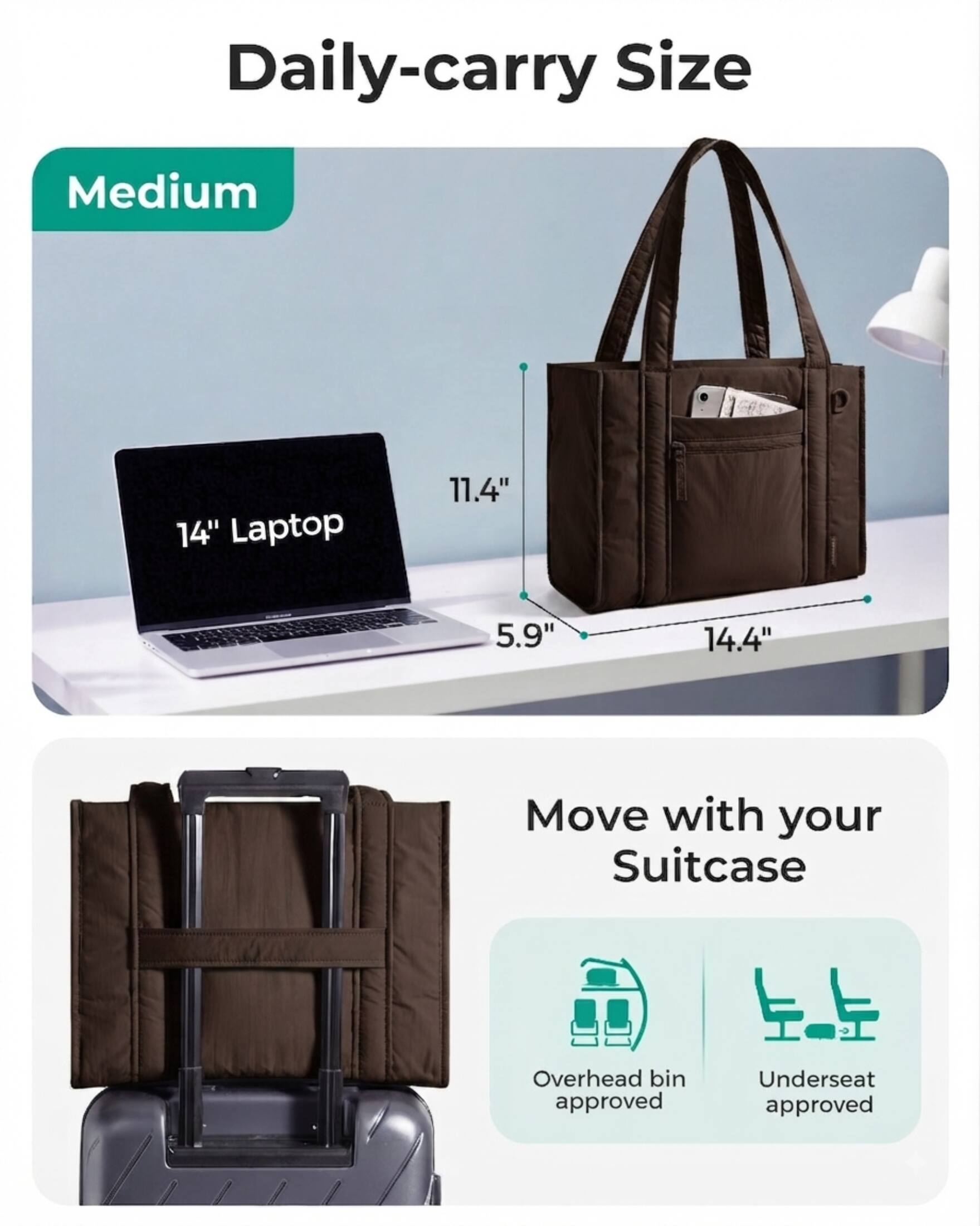Daily-carry Size

Medium

14" Laptop

11.4"

5.9"

14.4"

Move with your Suitcase

Overhead bin approved

Underseat approved
