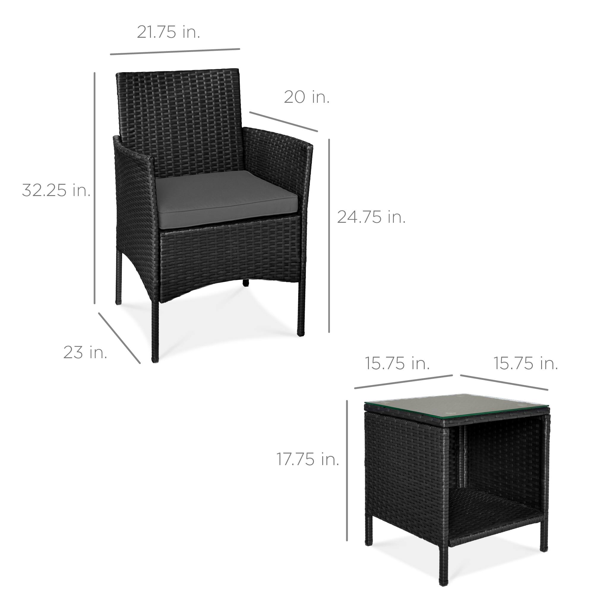 - Chair:
  - Height: 32.25 in.
  - Width: 24.75 in.
  - Depth: 23 in.
  - Seat Height: 17.75 in.
  - Back Height: 21.75 in.
  - Seat Depth: 20 in.

- Table:
  - Height: 15.75 in.
  - Width: 15.75 in.
  - Depth: 15.75 in.