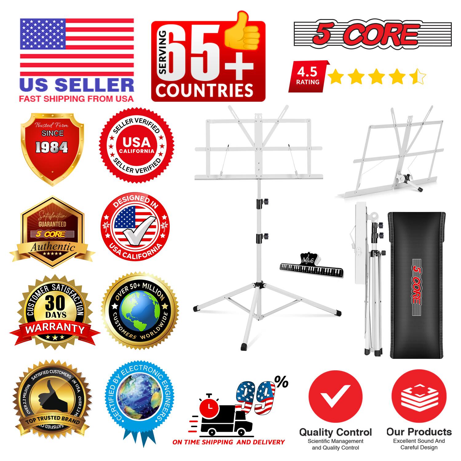 Sure, here is the corrected and grouped text from the image:

---

**US SELLER**  
FAST SHIPPING FROM USA

**65+ COUNTRIES**  
SINCE 1984  
USA CALIFORNIA  
SELLER VERIFIED  
DESIGNED IN USA CALIFORNIA  
5 CORE  
Authentic  
30 DAYS WARRANTY  
OVER 50+ MILLION CUSTOMERS WORLDWIDE  
SATISFIED CUSTOMERS  
5 CORE  
4.5 RATING  
5 CORE  
SATISFIED CUSTOMERS  
TOP TRUSTED BRAND  
ON TIME SHIPPING AND DELIVERY  
Quality Control  
Scientific Management and Quality Control  
Our Products  
Excellent Sound And Careful Design  

---

This text includes all the key elements and badges from the image, grouped and corrected for clarity.