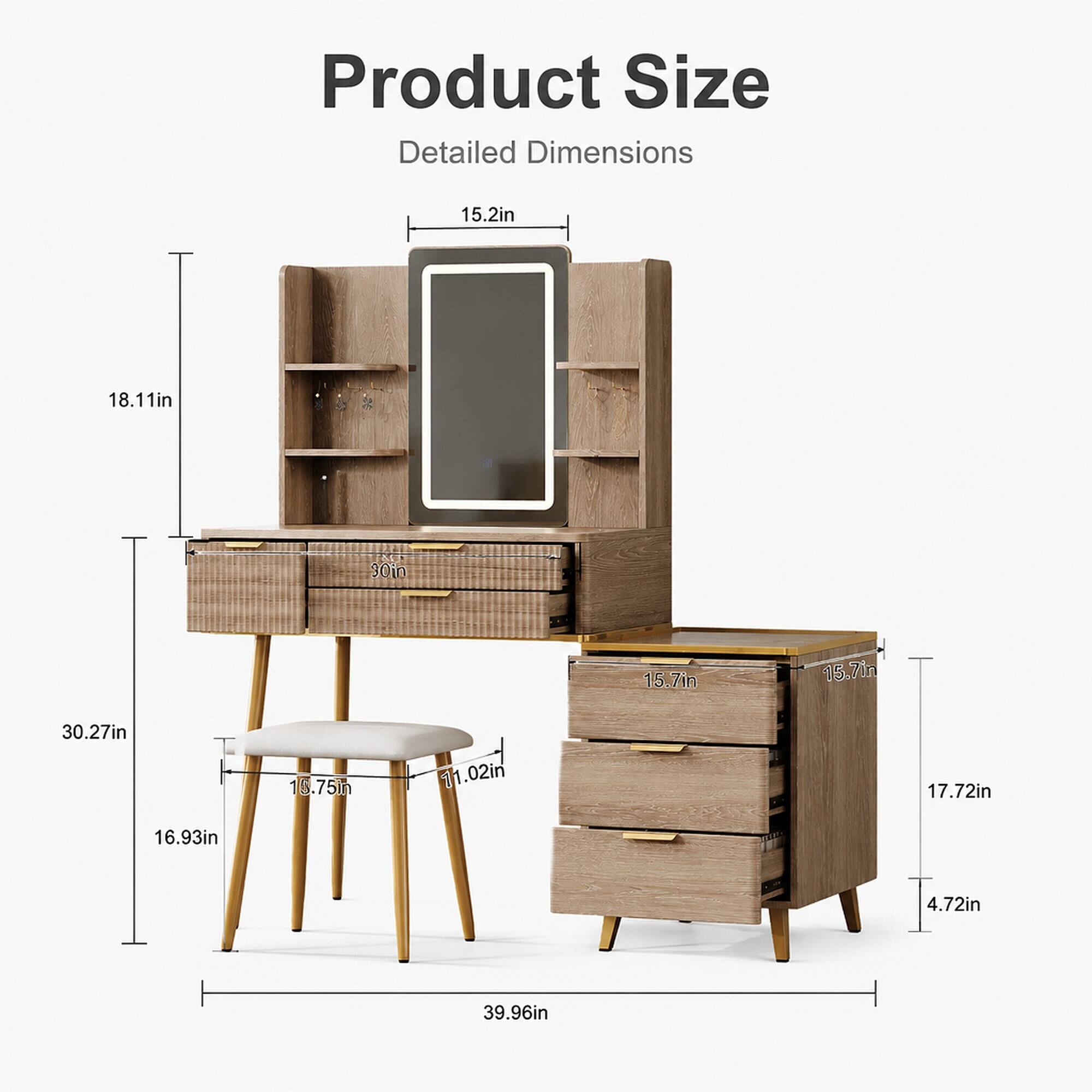 Product Size Detailed Dimensions

15.2in  
18.11in  
30in  
15.7in  
15.7in  
30.27in  
15.75in  
11.02in  
17.72in  
16.93in  
4.72in  
39.96in