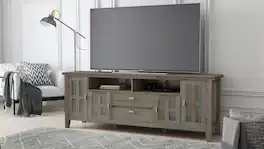 Spaco - Farmhouse Solid Wood TV Stand for 80" TVs, with 4 Glass Door Cabinets, 2 Drawer, Open Shelves and Cable Management - Light Brown
