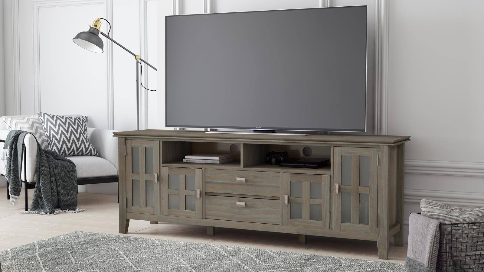 Front. Spaco - Spaco Farmhouse Solid Wood TV Stand for 80" TVs, with 4 Glass Door Cabinets, 2 Drawer, Open Shelves and Cable Management - Light Brown.