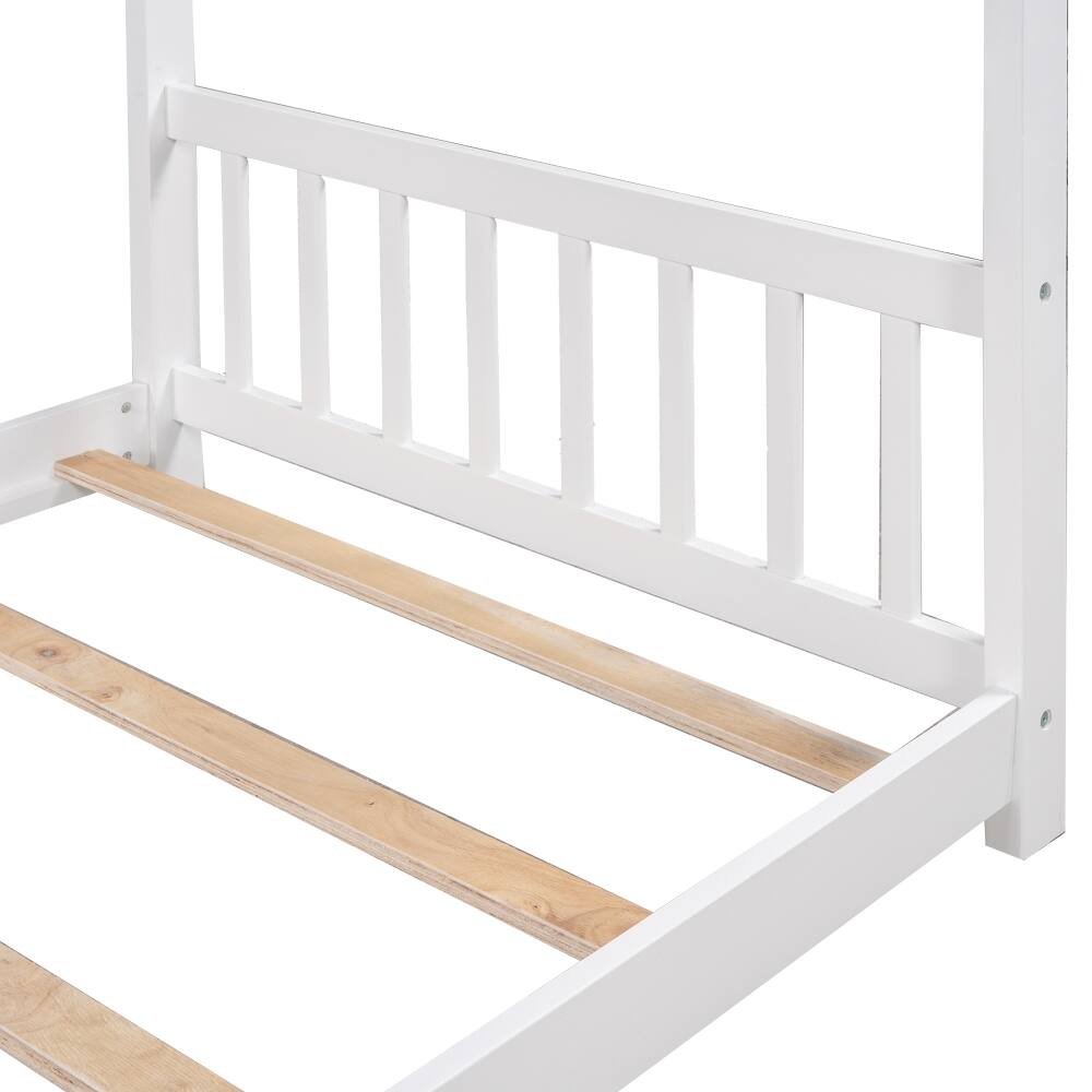 Alt View 3. Loheer - Loheer Twin House Bed White Platform Bed with Roof Design - White.