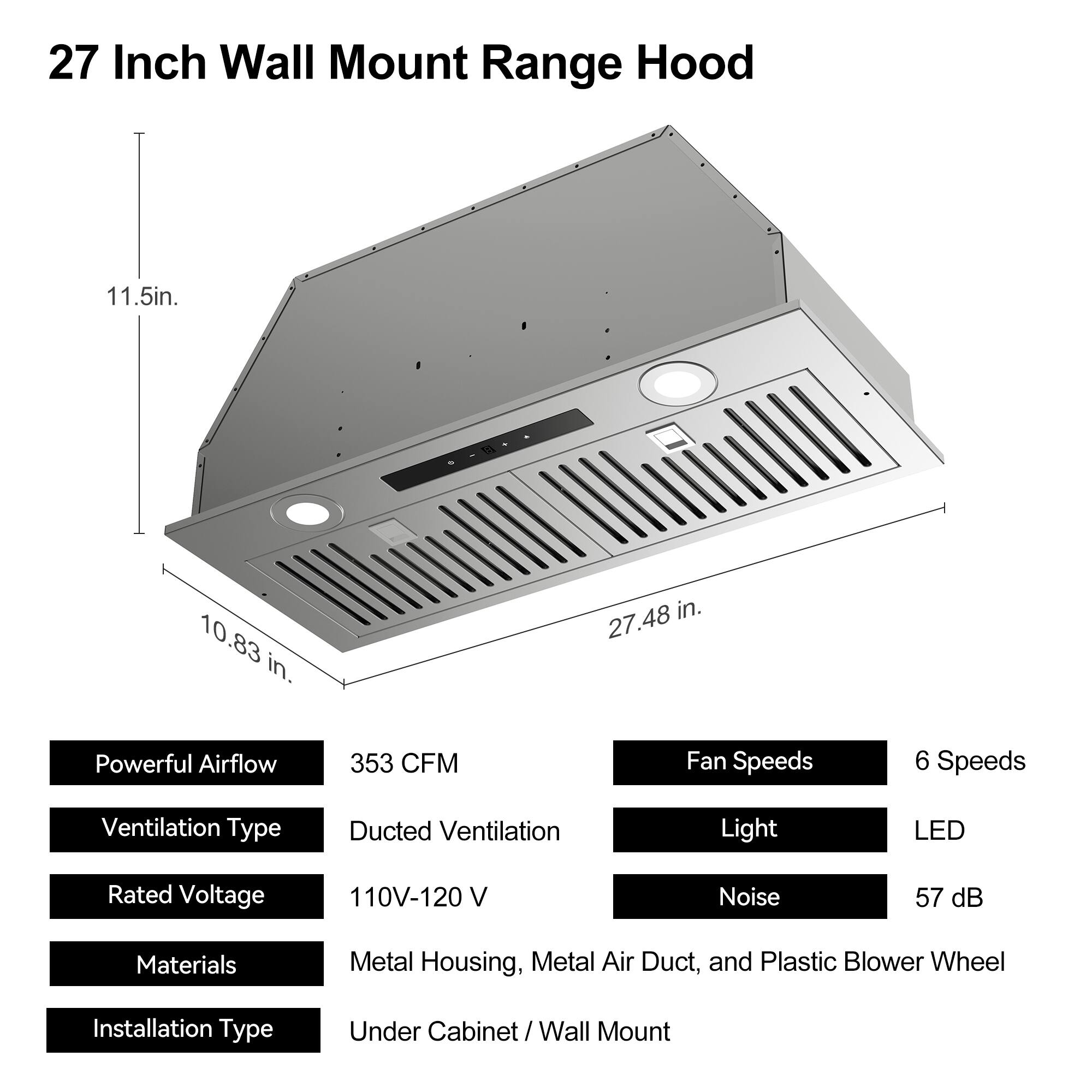 27 Inch Wall Mount Range Hood

- 11.5 in.
- 10.83 in.
- 27.48 in.

Powerful Airflow
- 353 CFM

Fan Speeds
- 6 Speeds

Ventilation Type
- Ducted Ventilation

Light
- LED

Rated Voltage
- 110V-120 V

Noise
- 57 dB

Materials
- Metal Housing, Metal Air Duct, and Plastic Blower Wheel

Installation Type
- Under Cabinet/Wall Mount