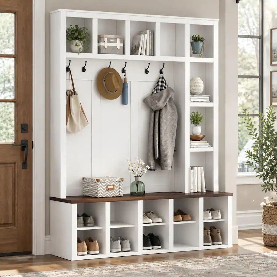 White Entry Bench RYHNUYNE Farmhouse Hall Tree, 4 in 1 Entryway Shoe Cabinet, Walnut ...
