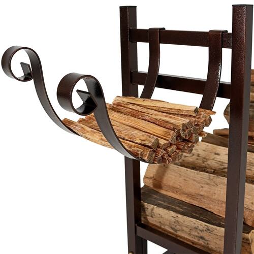 Angle. SlickBlue - Bronze Metal Firewood Log Rack for Indoor Outdoor Use with Removable Kindle Holder - Bronze.