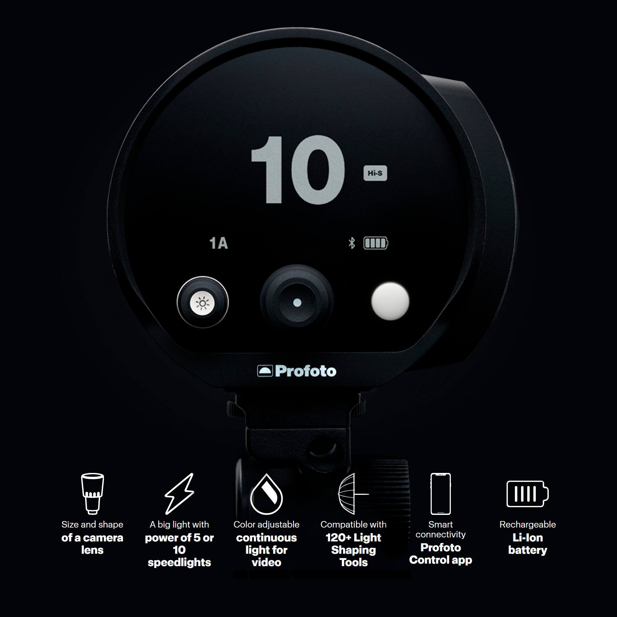 Sure, here is the corrected and grouped text:

---

**10 Hi-S 1A Profoto**

- **Size and shape** of a camera lens
- **A big light** with power of 5 or 10 speedlights
- **Color adjustable** continuous light for video
- **Compatible with** 120+ Light Shaping Tools
- **Smart connectivity** Profoto Control app
- **Rechargeable** Li-lon battery

---