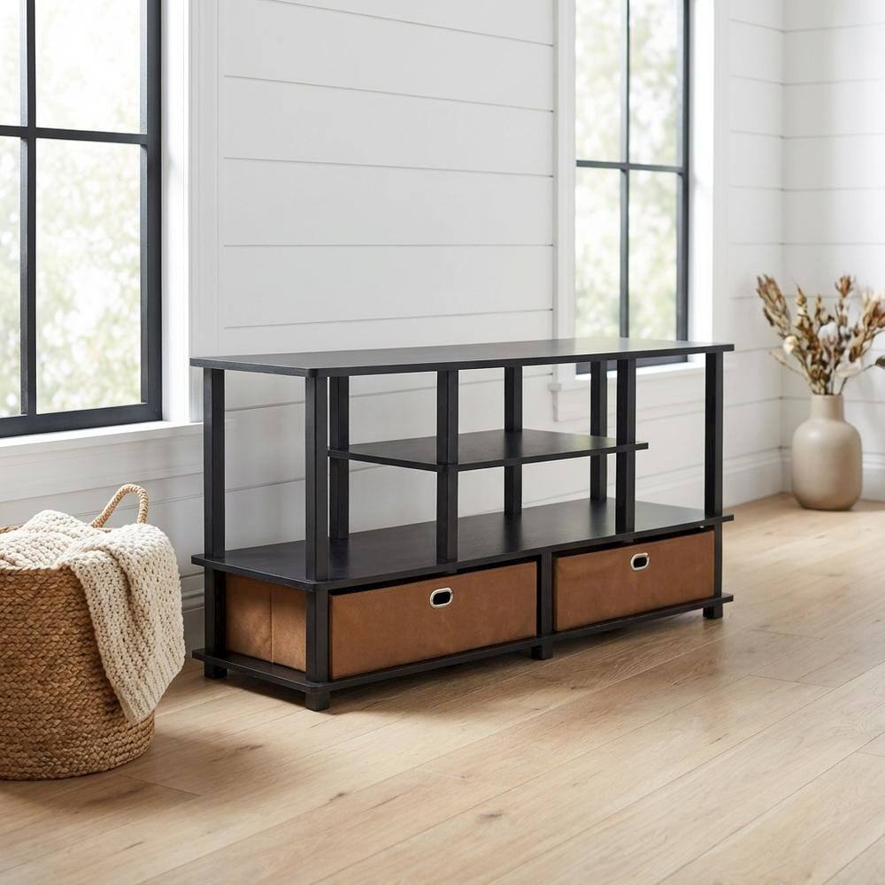 Alt View 1. FurniFact - Large TV stand, up to 50-inch TV, storage bin, black composite wood - Black.
