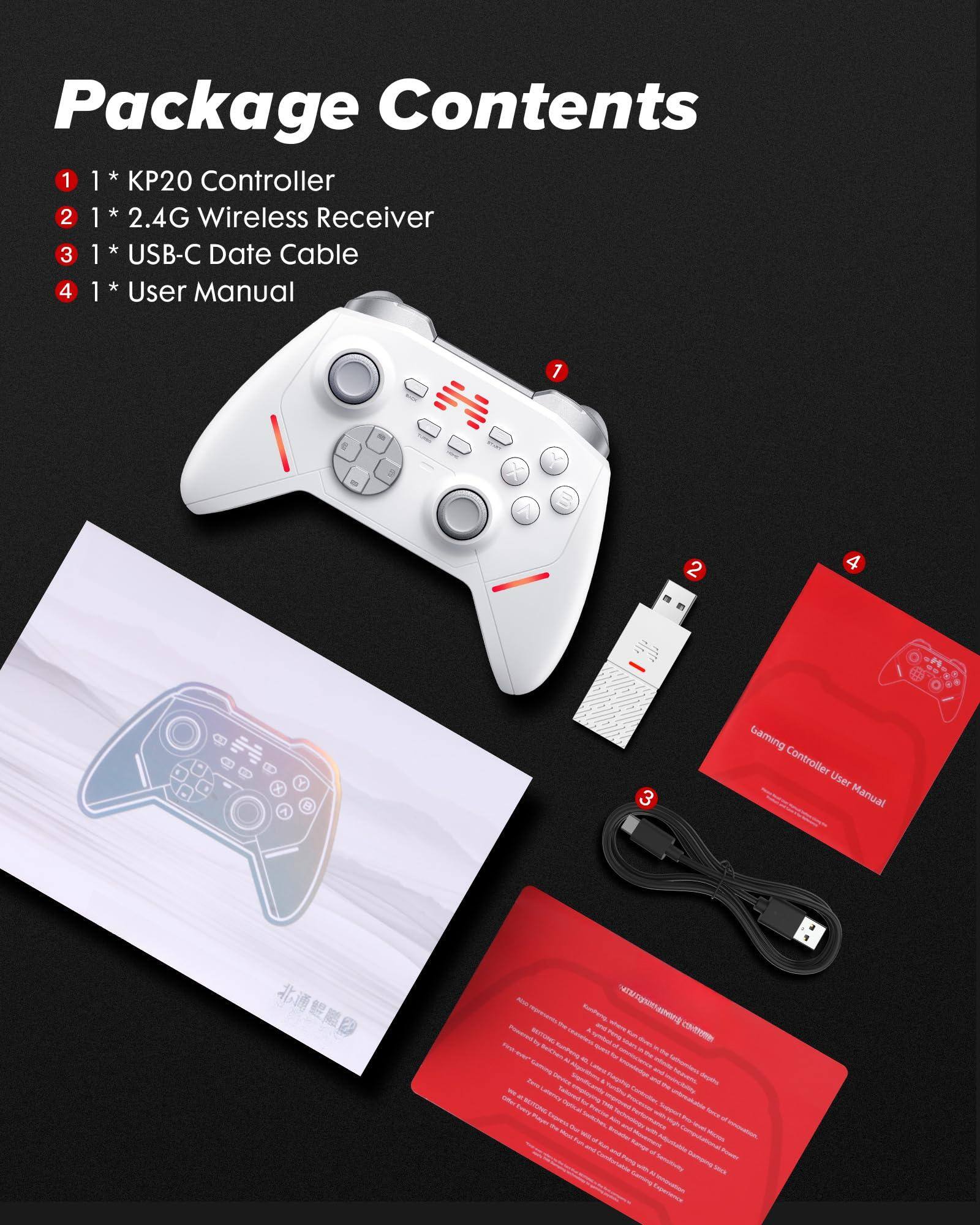 Package Contents

1. 1 * KP20 Controller
2. 1 * 2.4G Wireless Receiver
3. 1 * USB-C Data Cable
4. 1 * User Manual