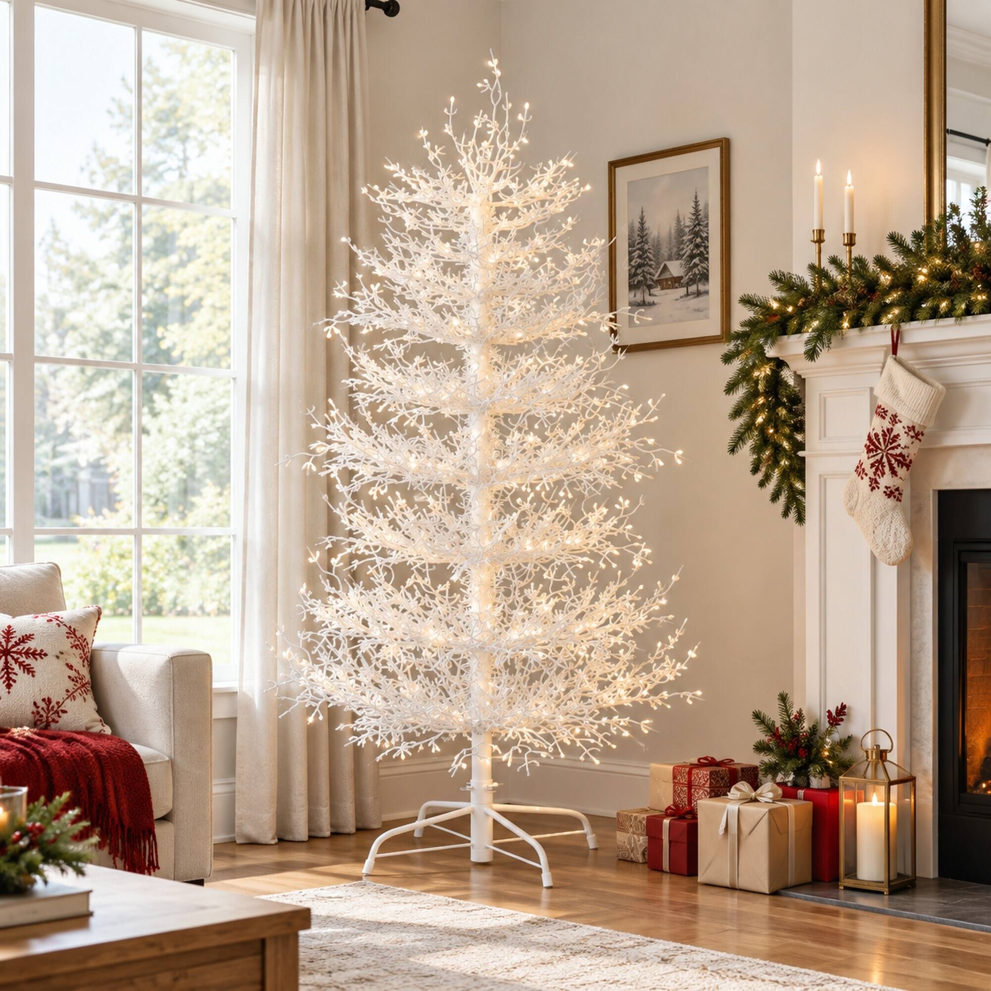 Back. RYHNUYNE - 4 Ft Artificial Christmas Tree With 230 Warm White LED Lights, 280 Tips Hinged Branches Decor - White.