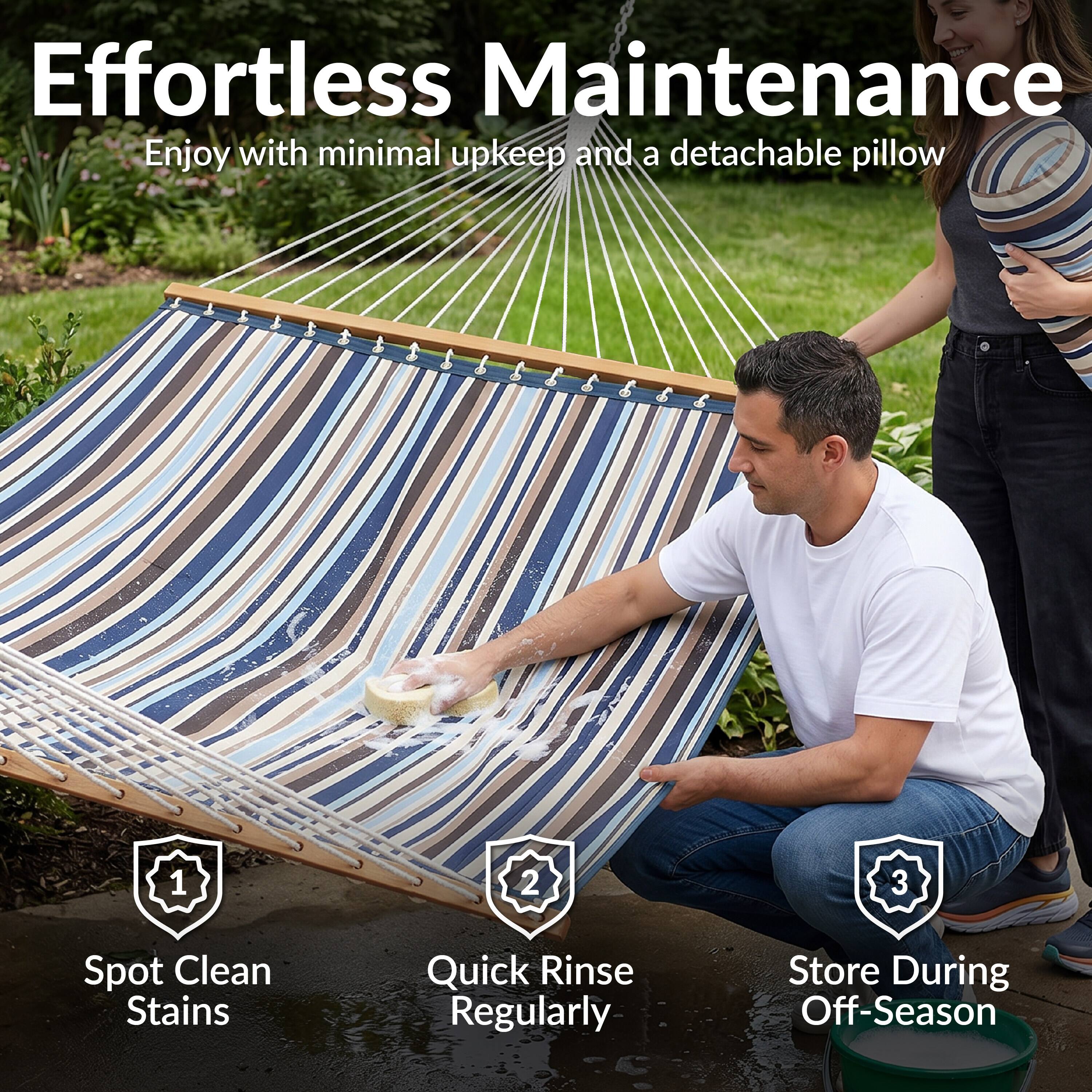 Effortless Maintenance  
Enjoy with minimal upkeep and a detachable pillow  

1. Spot Clean Stains  
2. Quick Rinse Regularly  
3. Store During Off-Season